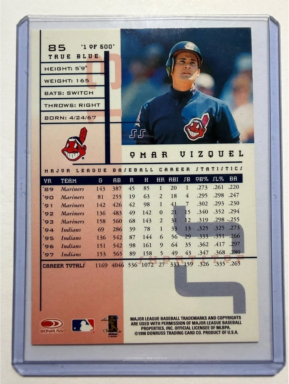 1998 Donruss Leaf Rookies & Stars Omar Vizquel True Blue Baseball Card #85